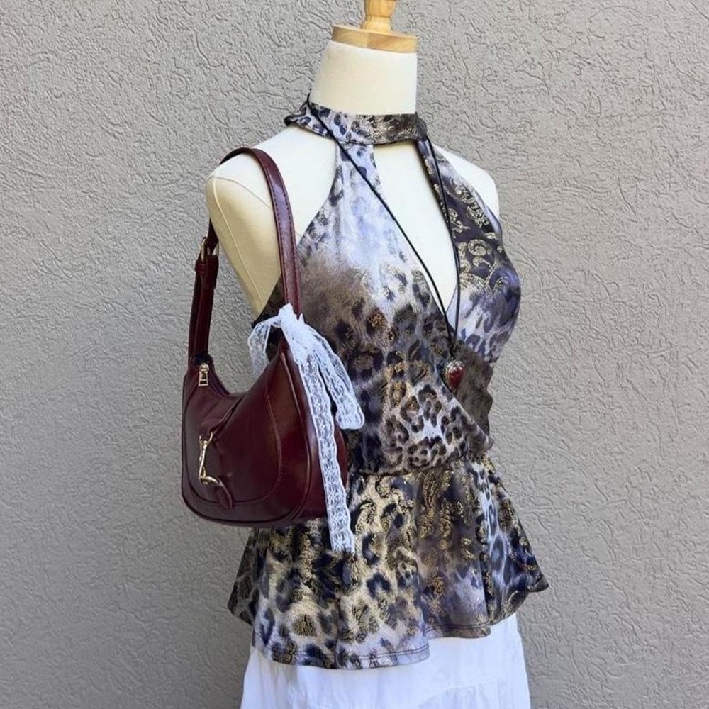 VENUS Y2K Leopard Print Gold Halter Peplum Top Size Medium Going Out - Picture 5 of 7